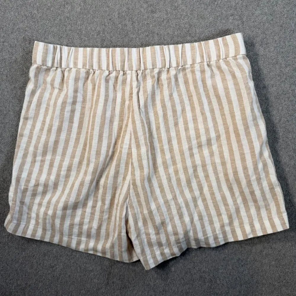 J.Crew Linen Blend Striped Shorts Women's Small Beige White Elastic Waist Pocket